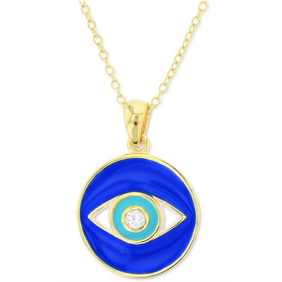 Macys Cubic Zirconia & Enamel Evil Eye Pendant Necklace 14k Gold Plated Silver - Picture 2 of 6